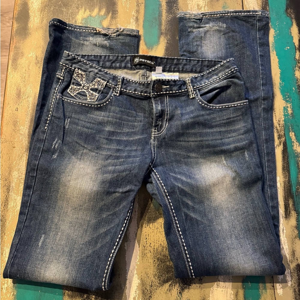 Petrol Distressed Blue Jeans with Embellished Pockets